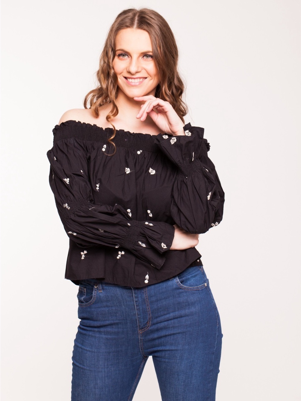 Zara Off Shoulder Embroidered Peasant Blouse Top Black Boho Romantic Size S